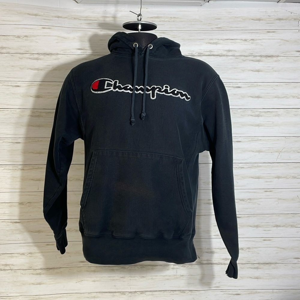 Champion Reverse Weave Hoodie Sweatshirt Medium Spellout Black Heavy Warm Pocket
